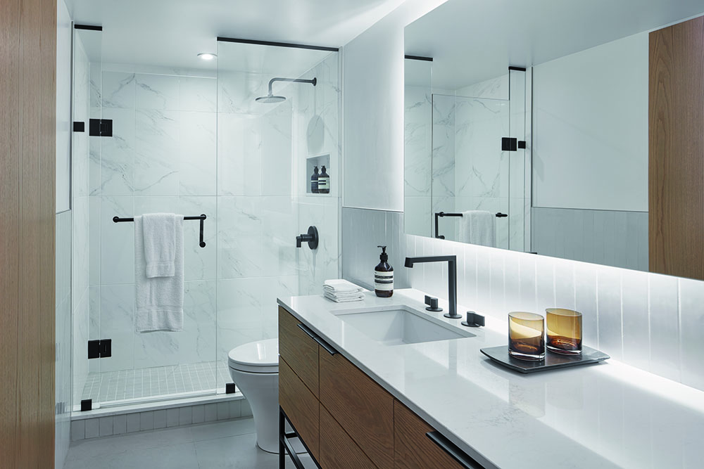 Bathroom at Manulife Centre hidden hotel designed by Alison McNeil